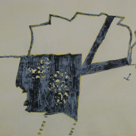 an abstract work on paper in blues with yellow details
