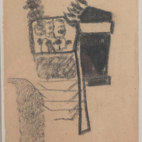 semi-abstract drawing of a man at work, possibly a phone engineer