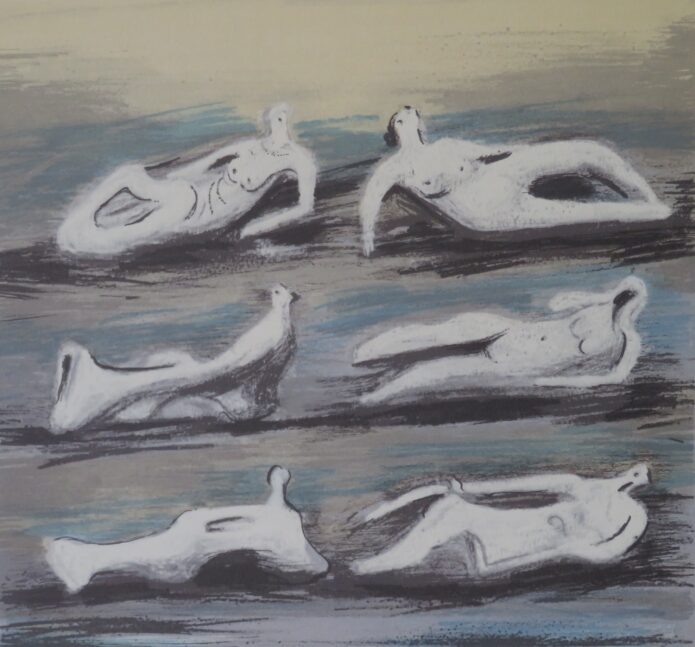 Six Reclining Figures Blue Background, Henry Moore, lithograph